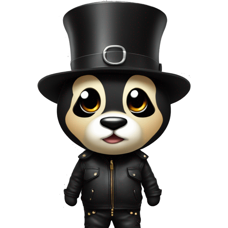 A panda with a top hat in a black leather jacket fashionable pants color Very dark so black and sports shoes of different colors emoji