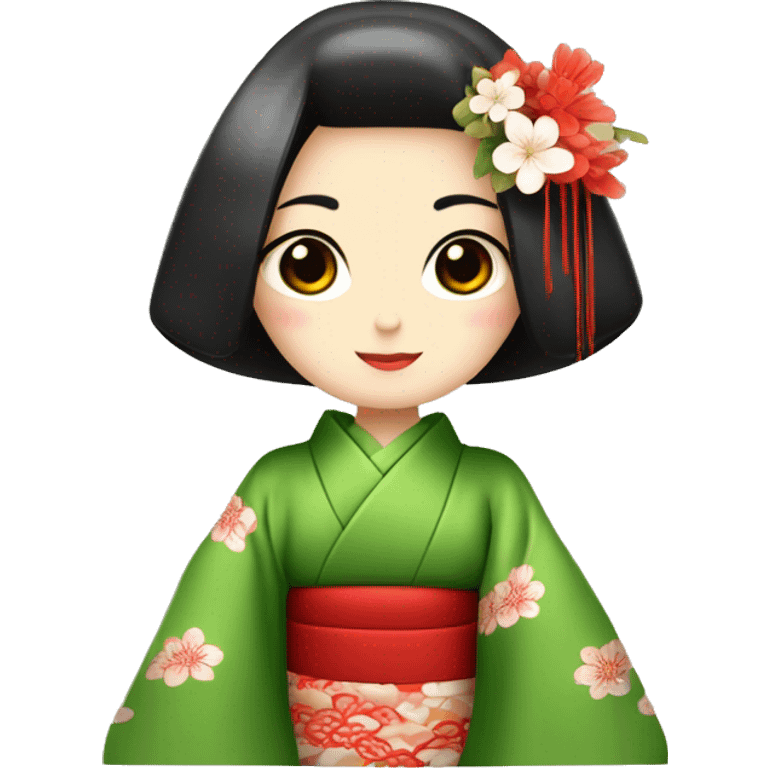 Geisha. kimono rojo. ojos verdes. Cabello castaño claro. ceremonia del té  emoji