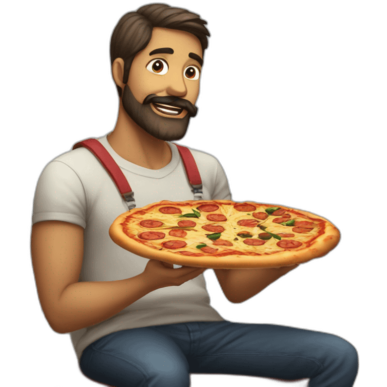 hombre con barba comiendo pizza junto a su perro emoji