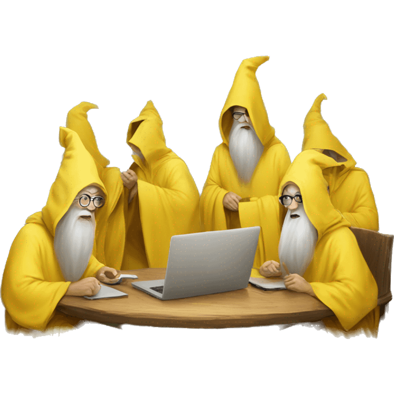 group of gandalfs, round yellow table, yellow clothes, glasses, macbooks emoji