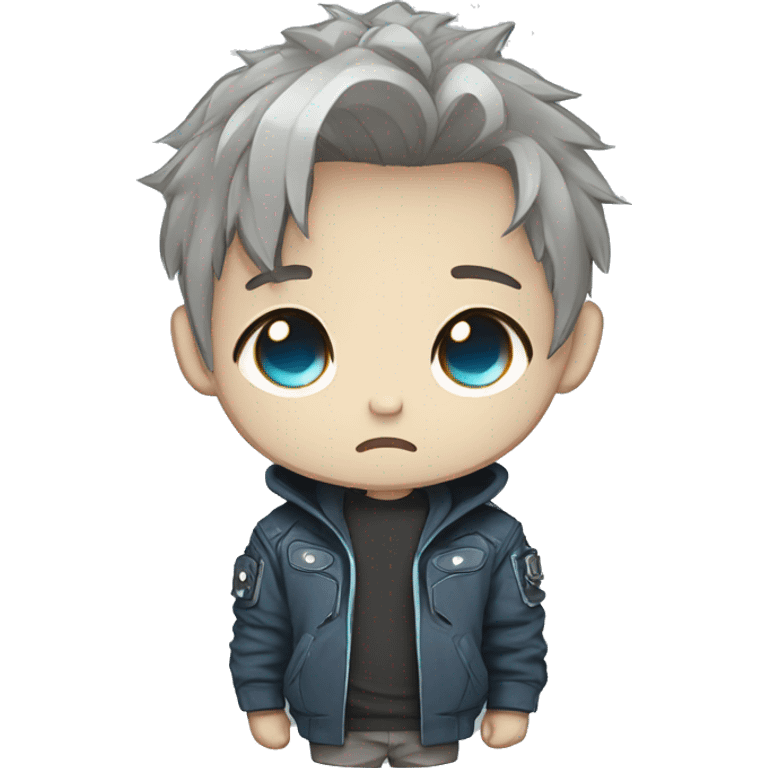 logo illustrated boy skull BORED, chibi anime style, head and shoulders only, light brown eyes, short gray hair, cyberpunk jacket with blue colors, flashing background. emoji