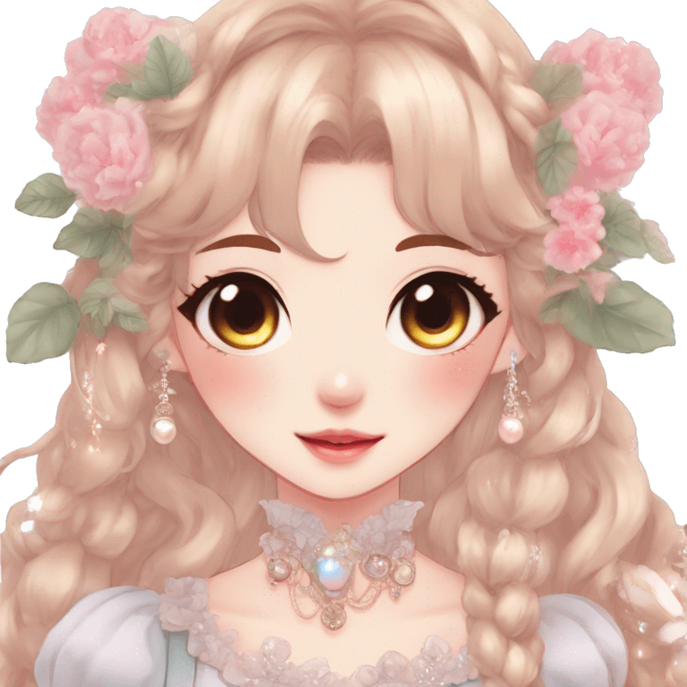 Gorgeous anime style lady with blushing face and accessories cottagecore fairycore Kawaii anime colorful pearly romantic aesthetic trending style emoji