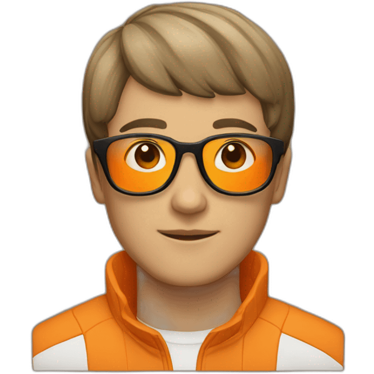 a man with a bowl cut brown squar glasses, a orange jacket emoji