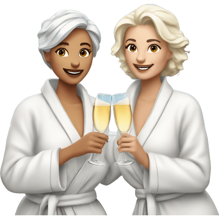 A young blonde woman and an older woman with silver hair are wearing luxurious white spa robes and having a glass of champagne with snow and mountains in the background emoji