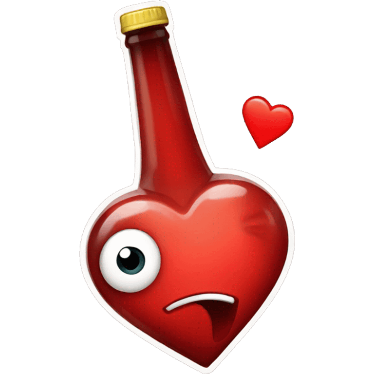 A red heart ❤️ with eyes, a mouth, and hands, tipsy and drunk, holding a bottle, looking wobbly and playful emoji