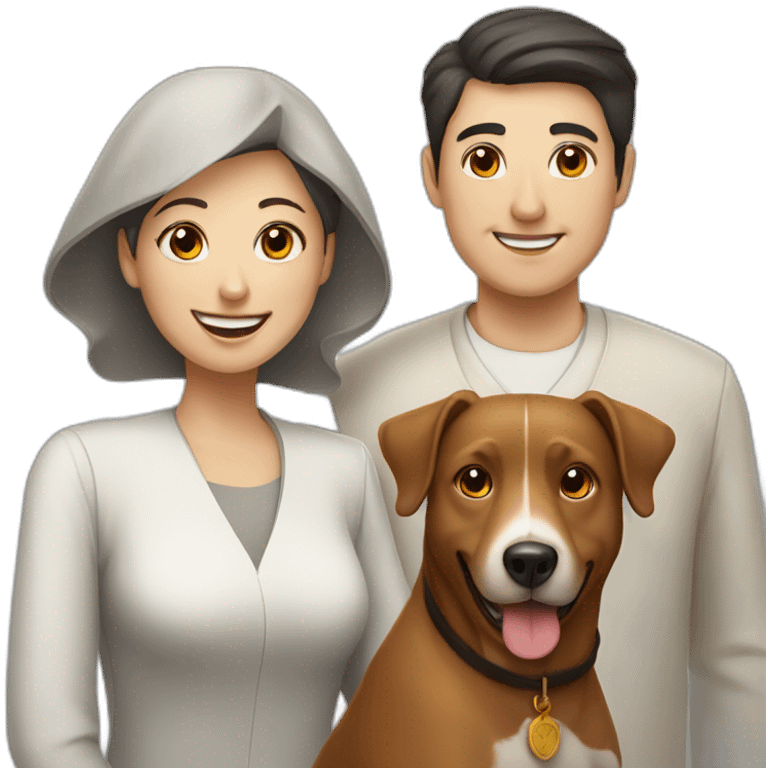 Jewish man and Chinese lady with brown dog smiling emoji