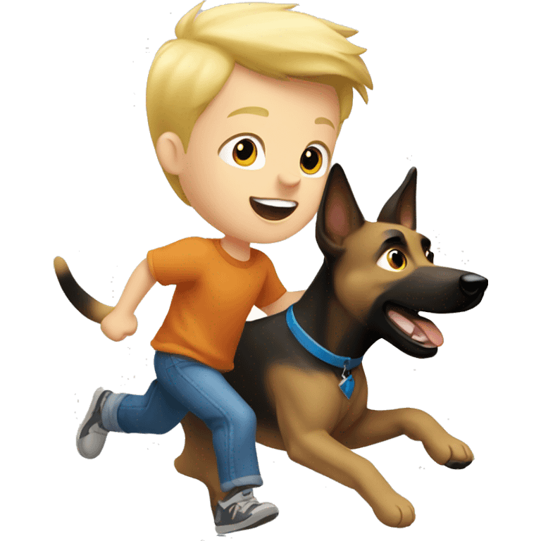 blond boy with blue eyes running with his malinois dog emoji