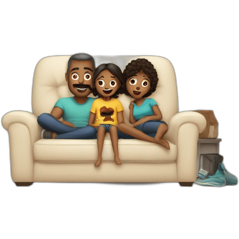 father mother and 11 years old son lying in the sofa watching flash series emoji