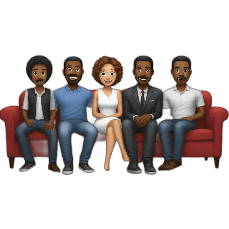 five black men behind the sofa and one white woman on sofa emoji