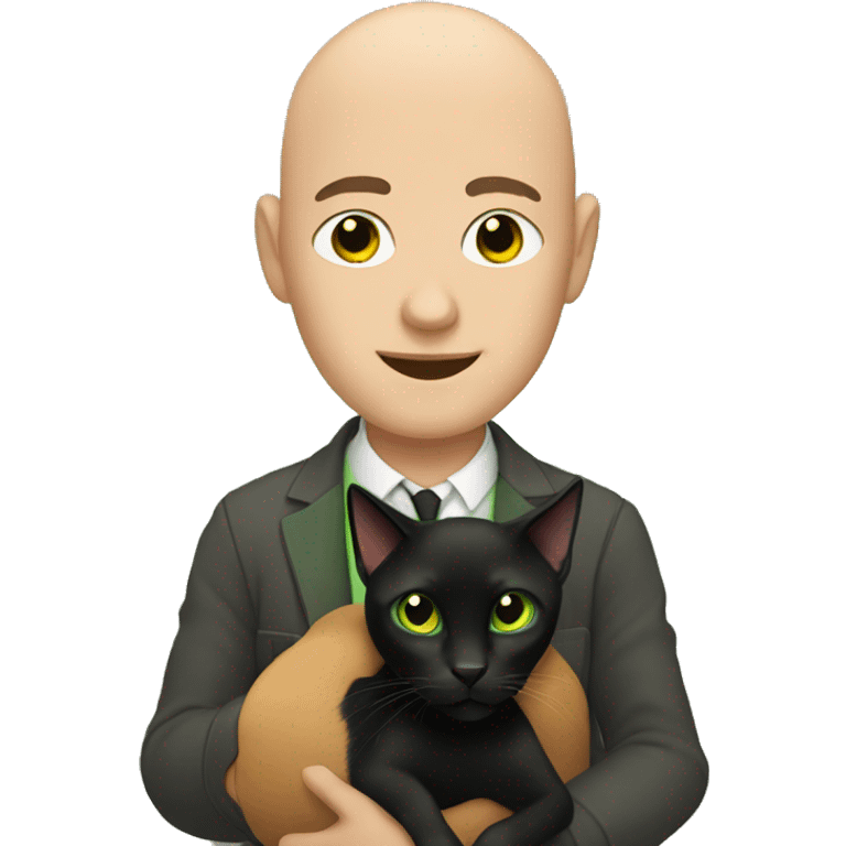 Bald brown eyed man holding a green eyed black cat emoji