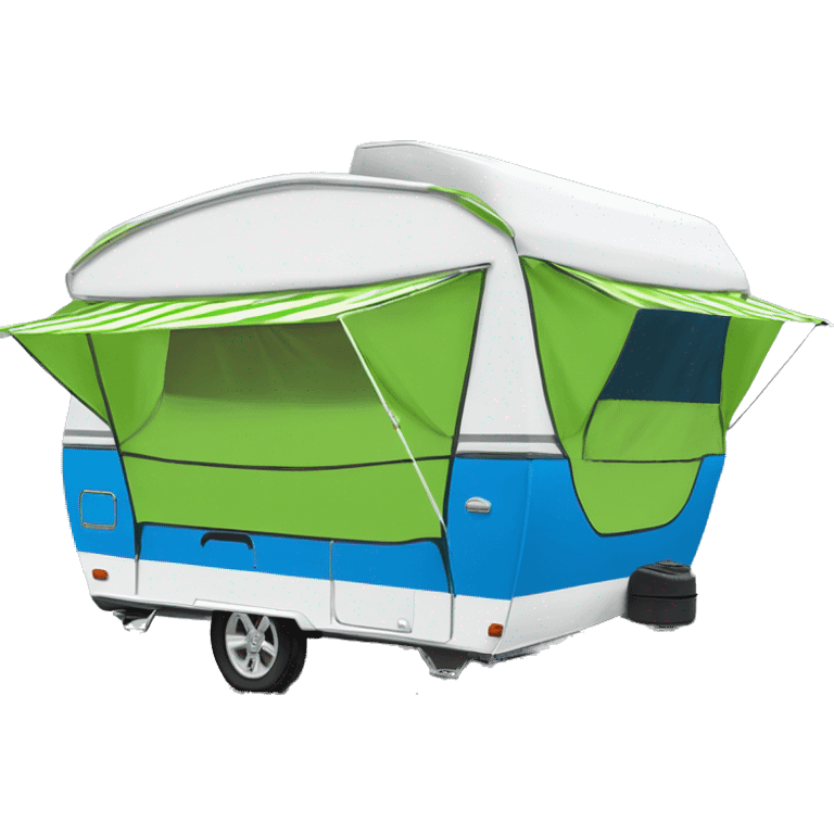 Realistic lime green and white outdoors camper trailer on wheels with blue curtains in windows ,a blue and green striped awning rolled out on top of camper. emoji