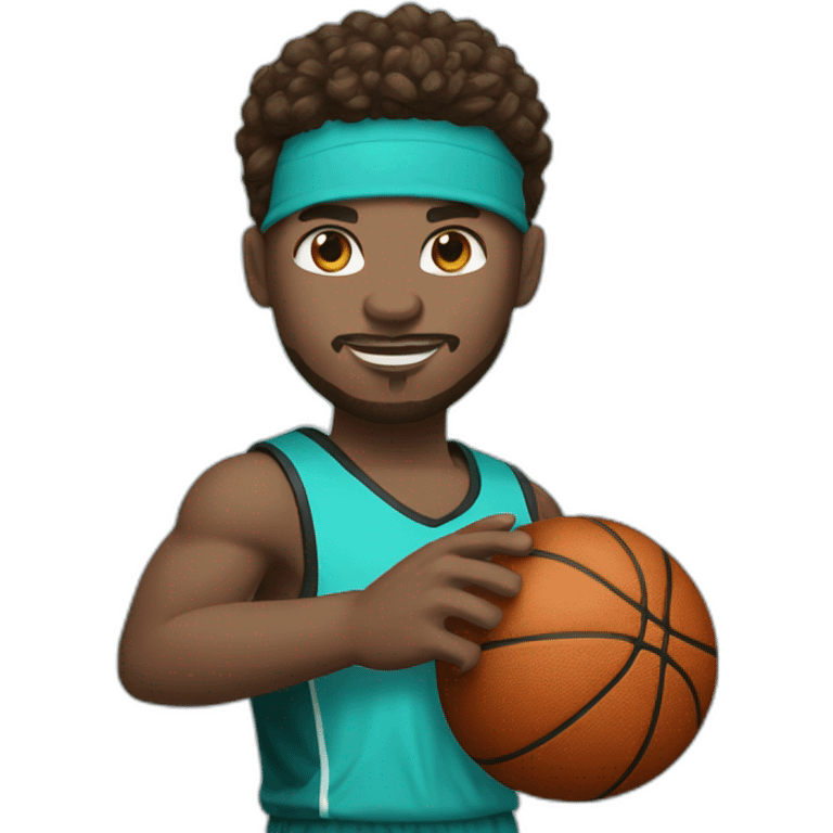 white basketball player with blue eyes and brown hair and a turquoise equipment and a basketball in his hand emoji