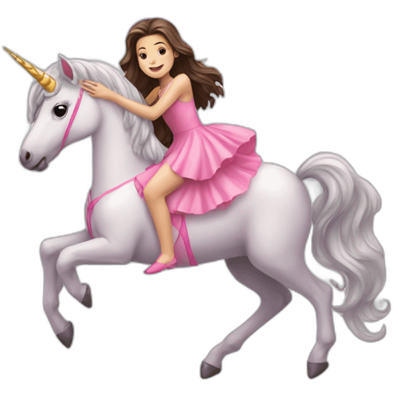 A brunette girl in pink dress ride a unicorn on a rainbow emoji