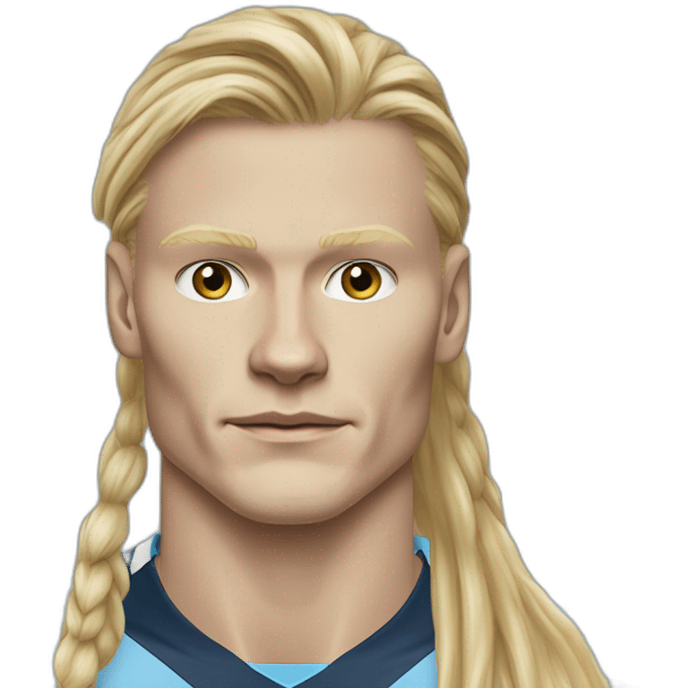 Realistic Erling Haaland has long hair, in a catogan. He is wearing Manchester City football shirt.It has the numéro 9 emoji