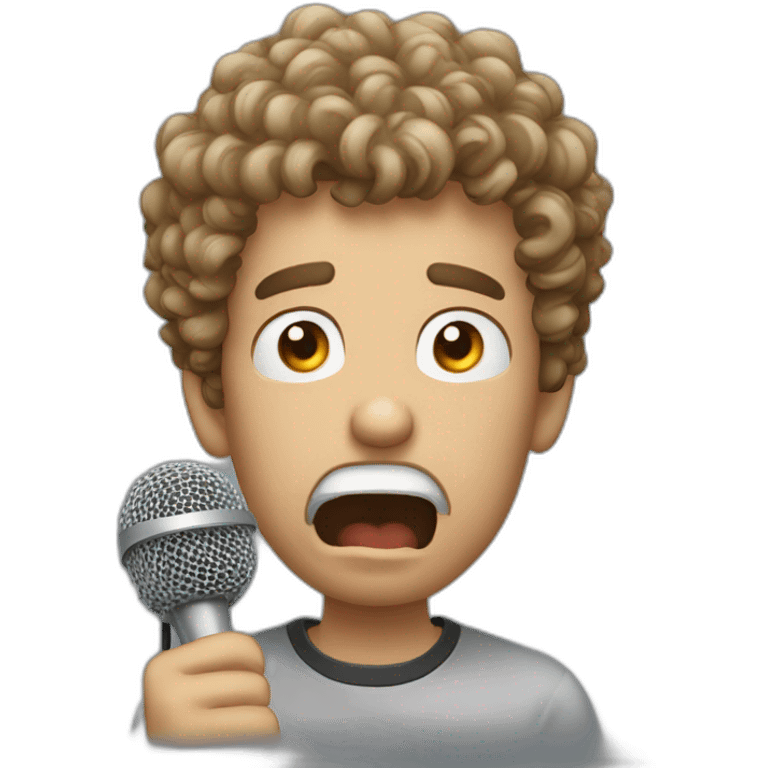 angry curly short hair guy putting his microphone in his mouth emoji