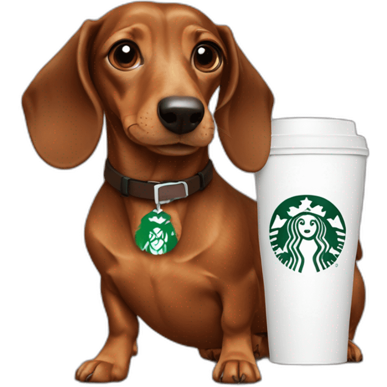 a dachshund drinking a Starbuck coffee emoji