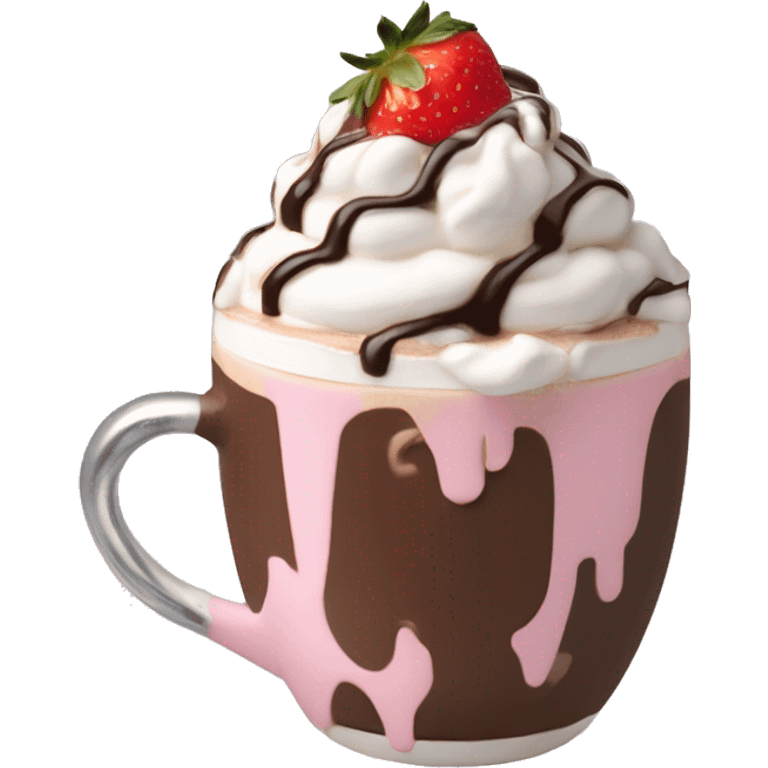 hot chocolate with mug and whip cream and chocolate drizzle and pale pink strawberry emoji