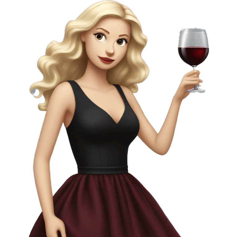 Blonde White girl in black Elegant dress with red wine, HYPER REALISTIC emoji