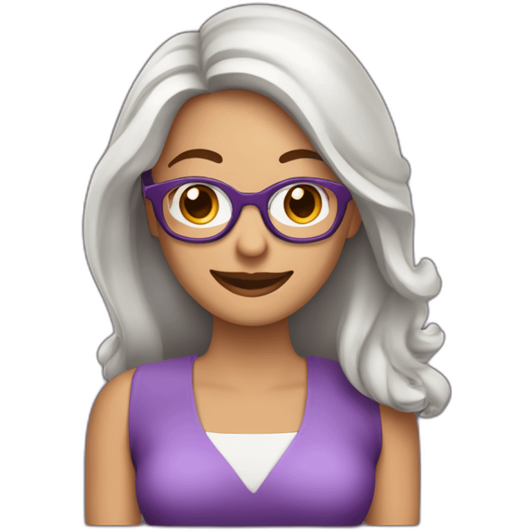 mujer feliz ojos cafe claros con piel blanca con gafas cabello en el hombro y de color marron con un computador en la mano de color morado emoji