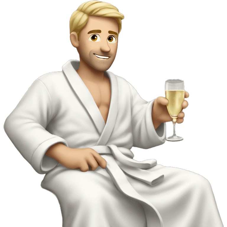 A white man in a bathrobe on the sofa with a glass of champagne emoji