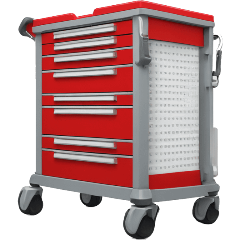 Singular Red medical crash cart is a mobile, multi-drawer unit designed to store and organize emergency medical supplies and equipment emoji