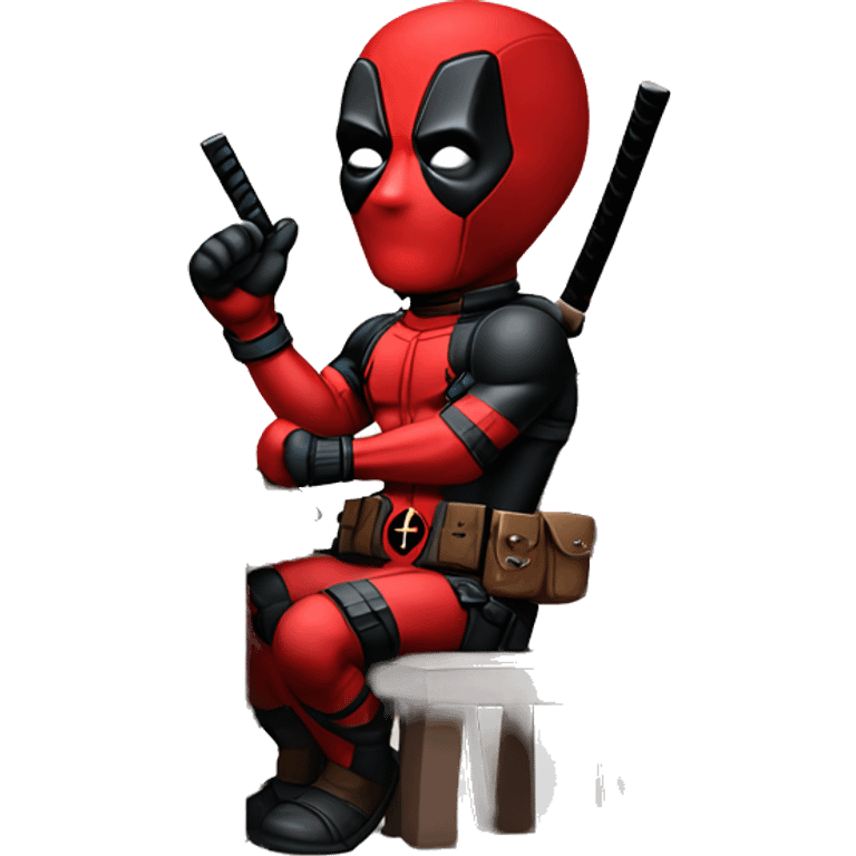 Cute Deadpool sitting at a desk, front view emoji