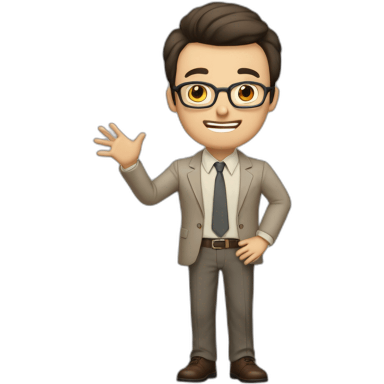 To belt Actively gesturing with hands Pale skinned fit man with dark brown hair in gray jacket, beige office shirt, brown tie, brown pants and vintage glasses. emoji