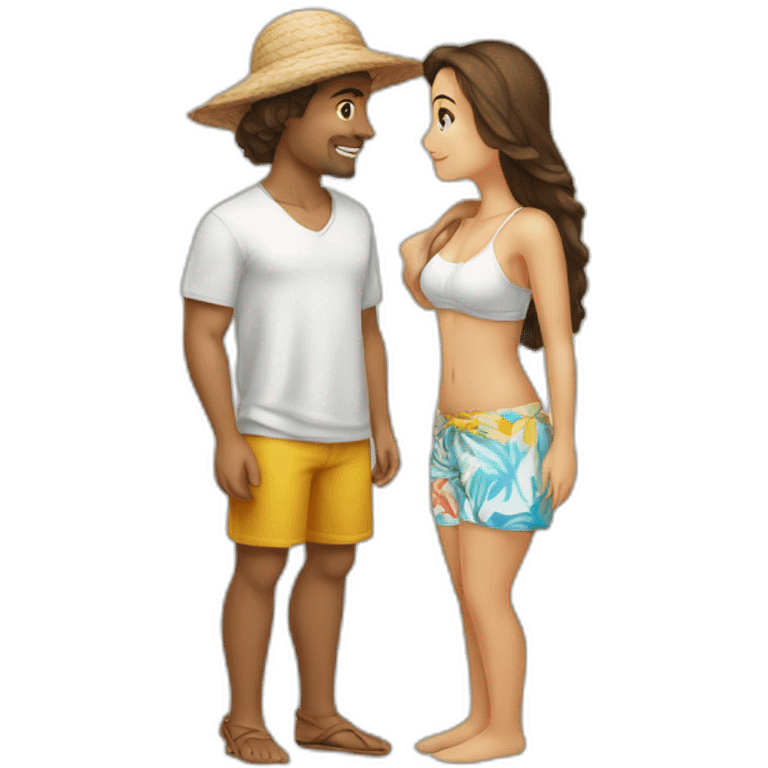 with beach clothes young metis man and white woman kiss love emoji