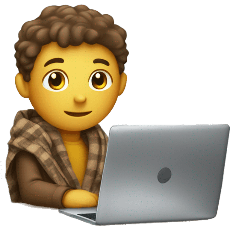 white boy sitting on the school desk with a big blanket wrapped around shoulders working on chromebook emoji