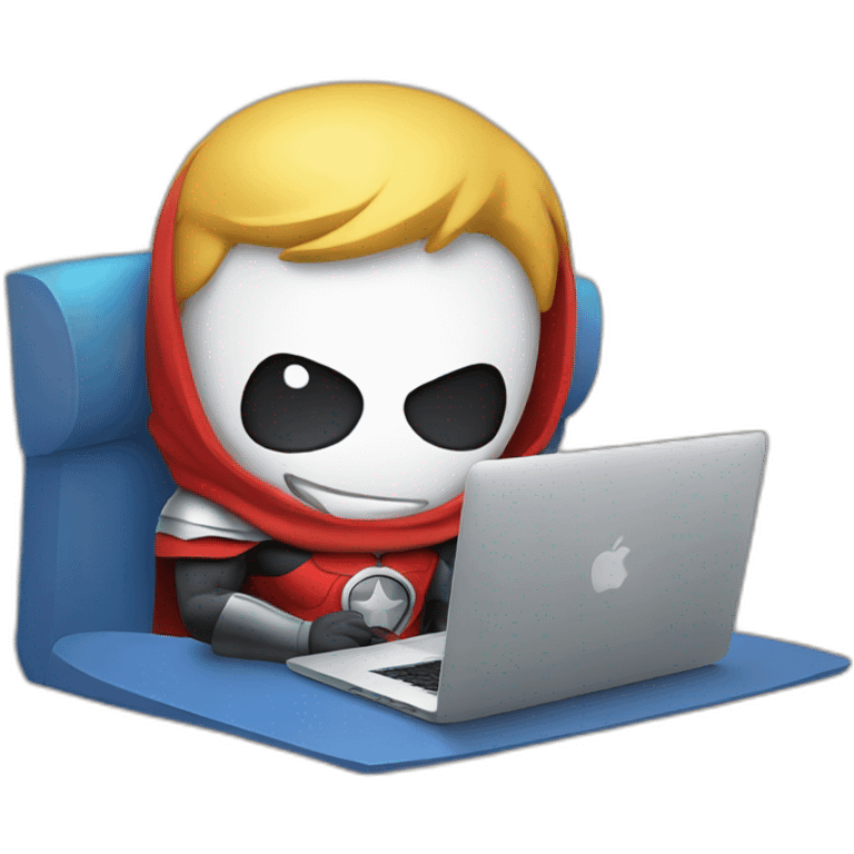 superhero with a rocket emblem sitting in front of his macbook emoji