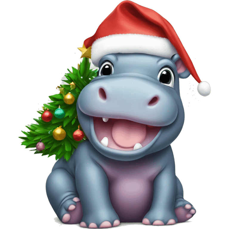 Baby hippo with Christmas tree emoji