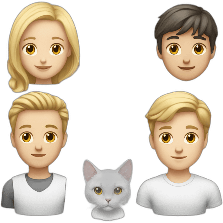 blond white girl, brunette white boy, white cat, grey cat emoji