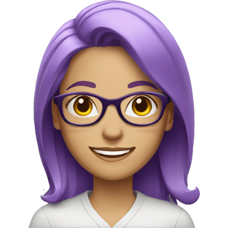 white woman wearing glasses, with purple hair smiling emoji