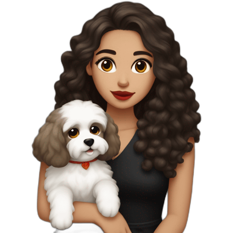 young moroccan woman with brown eyes, dark long curling hair, red lips, a black dress and a white cotton of tulear dog on her lap emoji