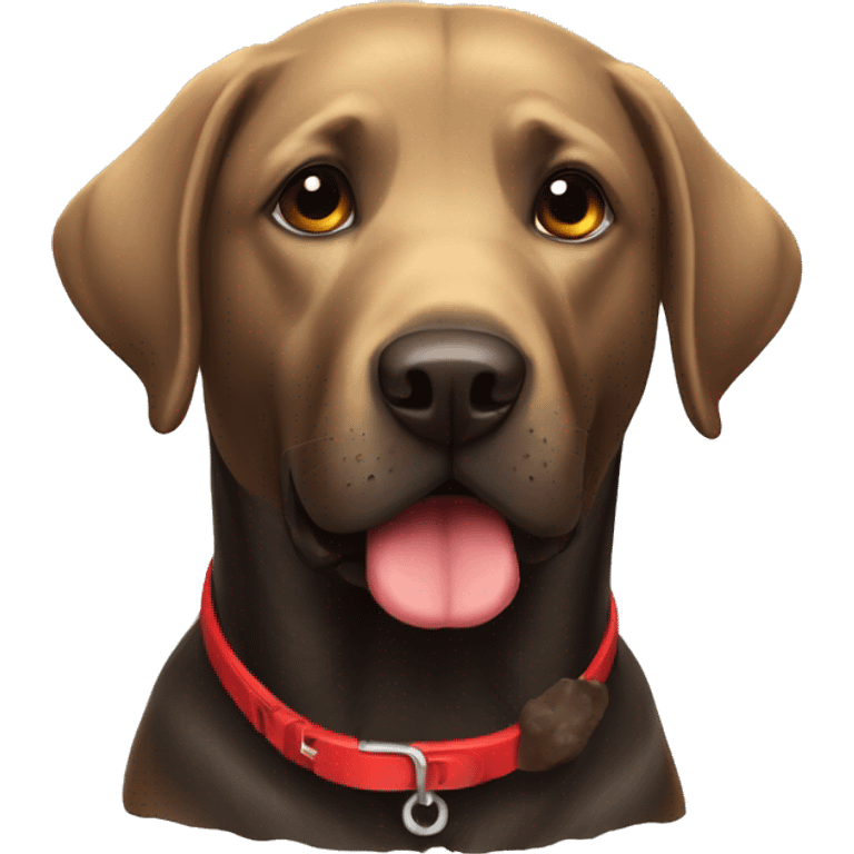 A black dog labrador with a red collar next to poo emoji