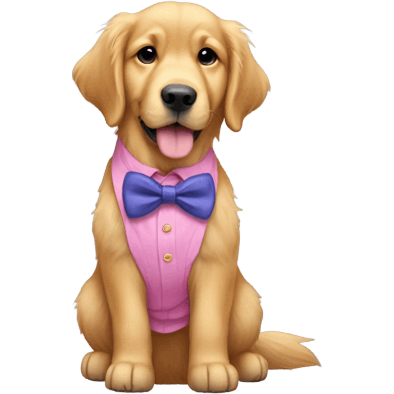 Golden retriever wearing pink pants blue jeans and purple bow tie emoji