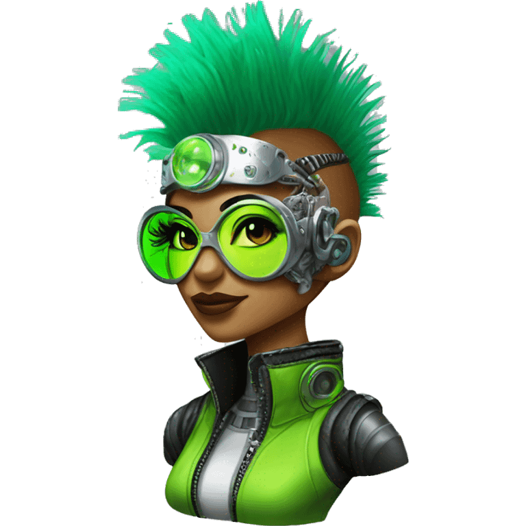 Neon green Mohawk hair Latina female cyborg head with silver steampunk goggles and circuits emoji