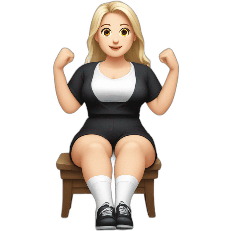 Front view full body curvy caucasian beauty sitting straight hands up black skirt white knickers white socks emoji