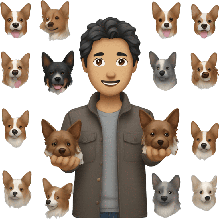 Long haired Asian man holding brown/grey Australian cattle dog  emoji