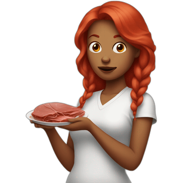 vegan woman red hair disgusted holding meat emoji