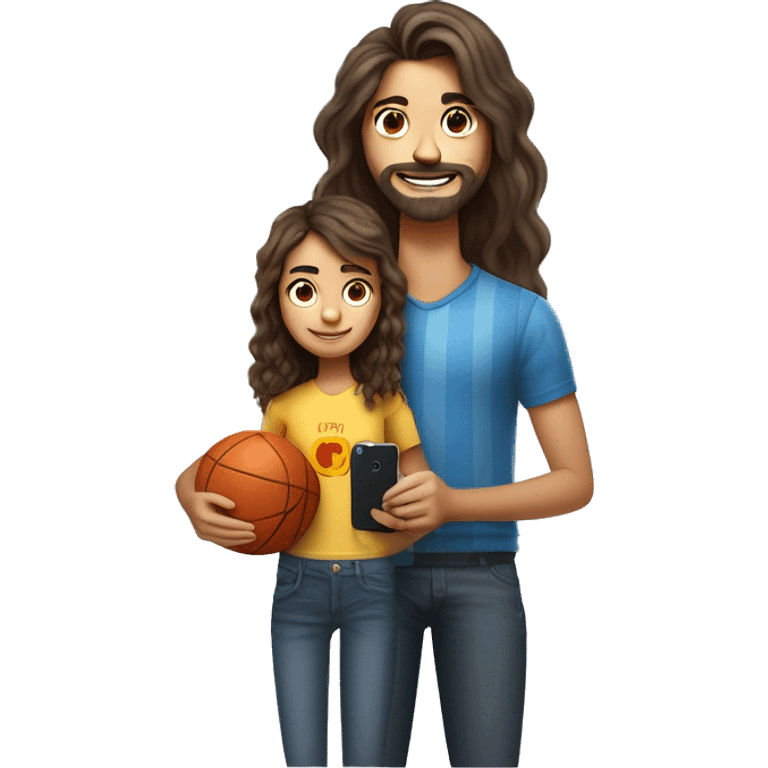 dibujo estilo pixar de un hombre, con barba, el pelo gris, una mujer con el pelo rizado y castaño. Una hija de 17 años el pelo liso castaño con un iPhone en la mano. Un hijo de 10 años con un balón de futbol en la mano. emoji