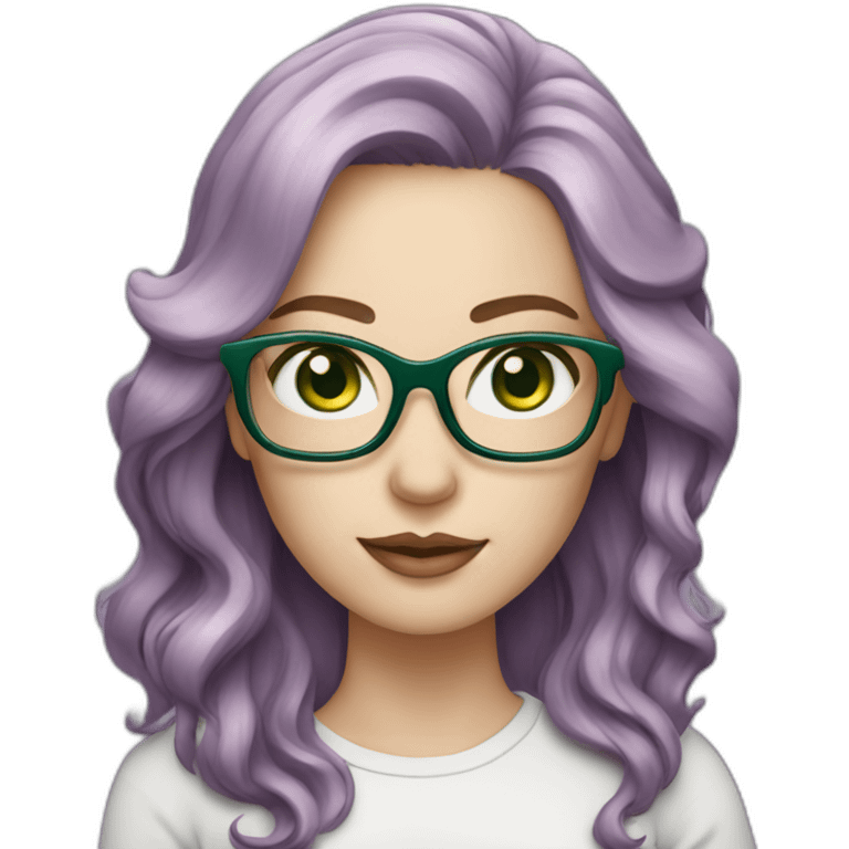 White-curvy-woman-purple-long-wavy-hair-green-eyes-square-glasses emoji