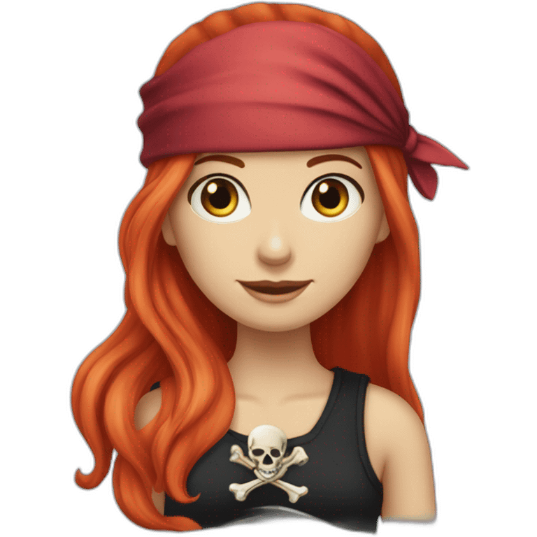 Woman long red platted hair hair only on one side of head, pirate hat. One side of head has no hair. Blue eyes. skull and crossbones t shirt emoji