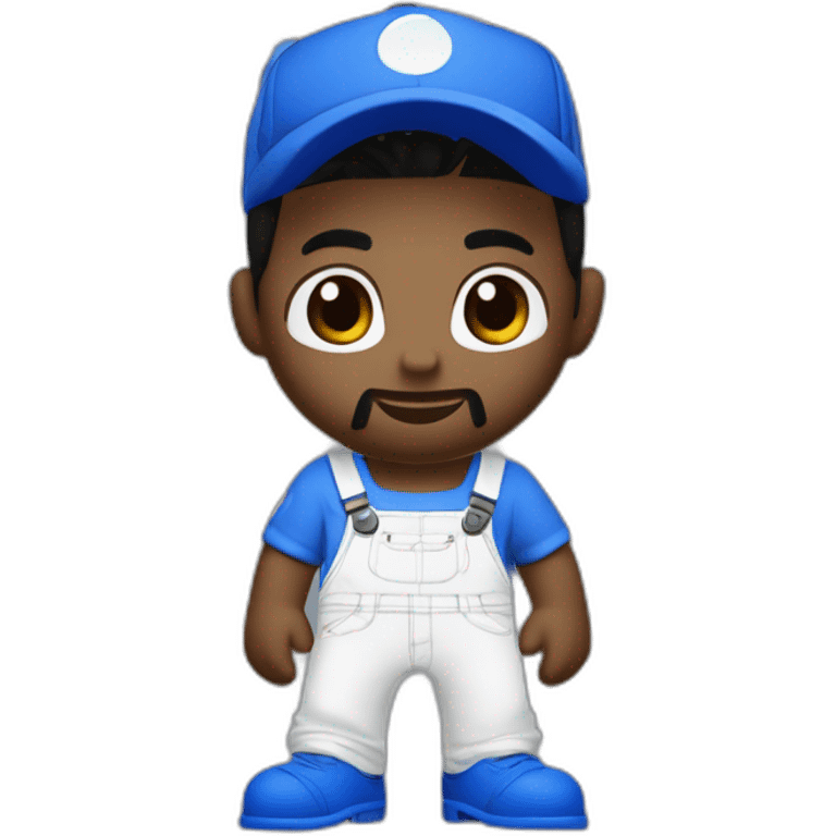 Black messy hair, white overalls, blue long sleeve shirt, Blue eyes, Brown shoes, white gloves, S in the blue cap logo, Smg4, Tan emoji