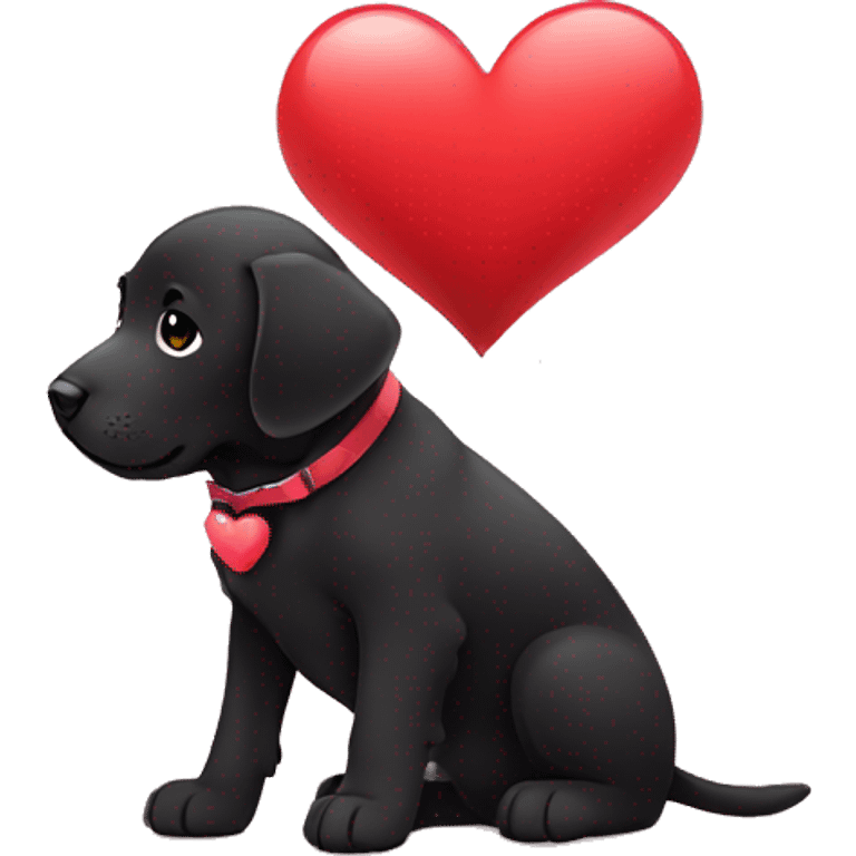 sitting black labrador puppy is holding a heart emoji