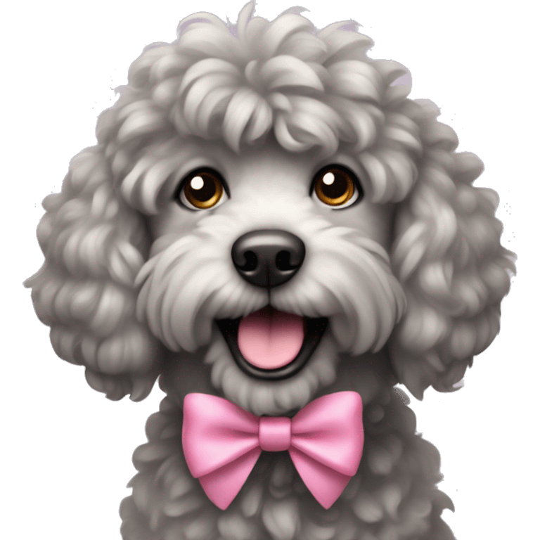 Grey fluffy curly dog with pink bows in ears emoji