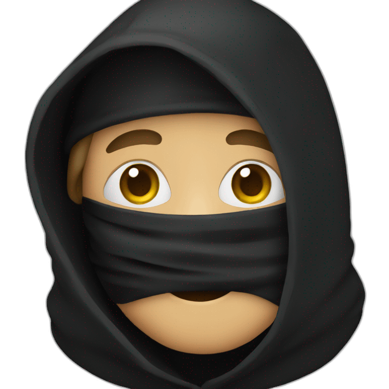 A person wearing a black hood, wearing a hat, and wearing a black mask emoji