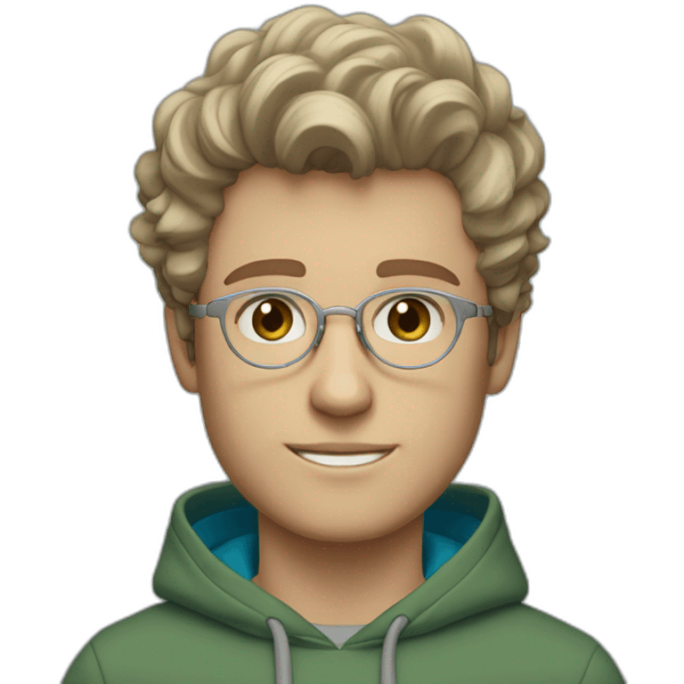 young white guy with wavy hair and a fade in light brown color and round silver color glasses with a grey hoodie on and blue green eyes emoji