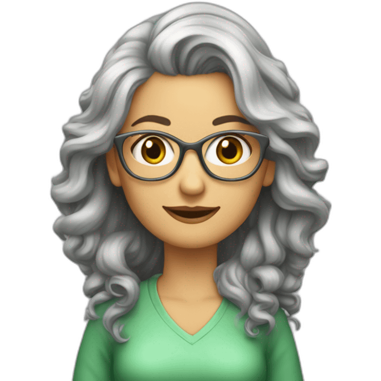 Femme 50 ans cheveux longs gris, ondulés lunette métal yeux vert  emoji