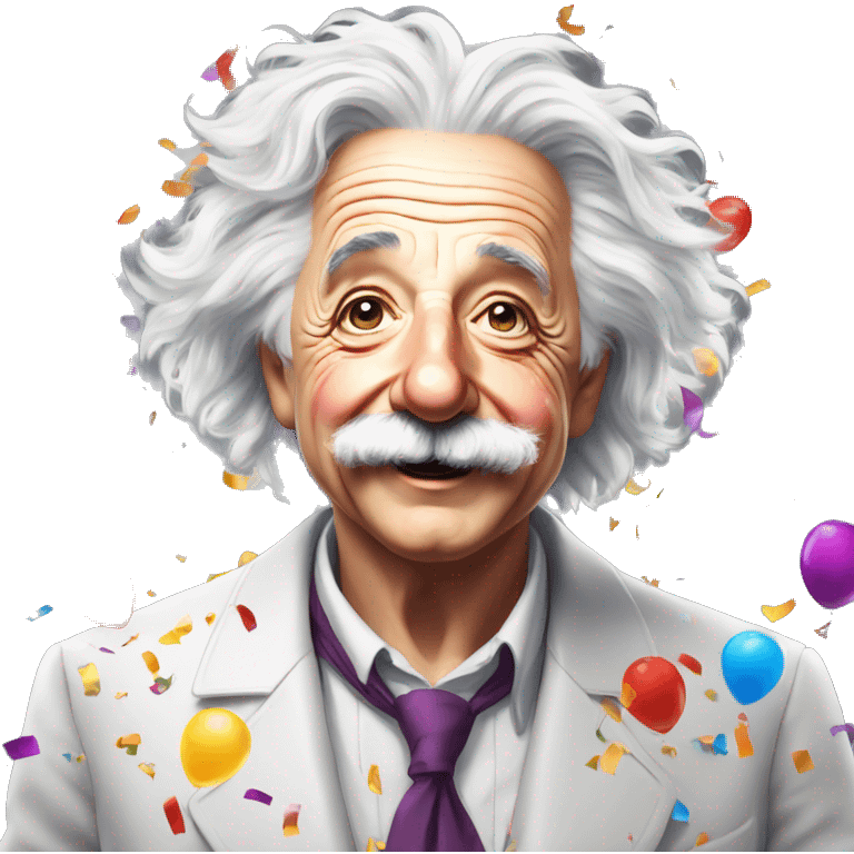 happy albert einstein with lots of colourful confetti and party balloons emoji